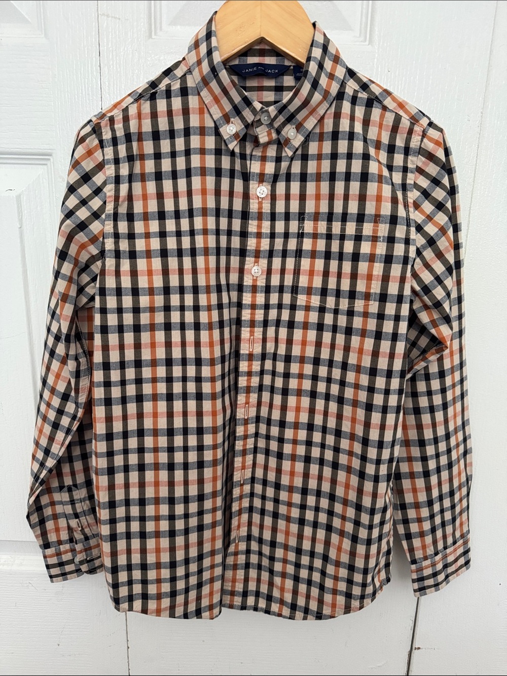 Janie and Jack Beige Plaid Button-Up with Navy and Rust Checks